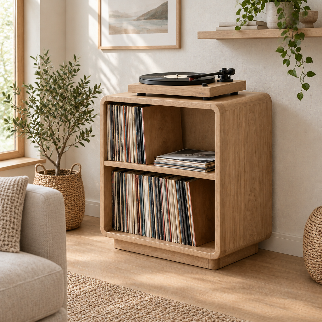 Sora Rounded Record Stand in Natural Oak finish