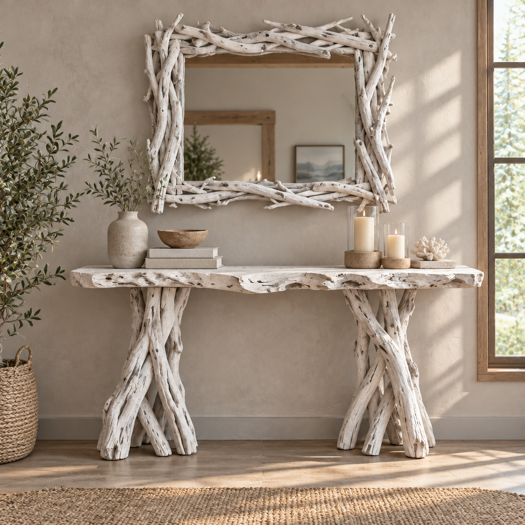 Tidewood Driftwood Console and Mirror Set in Whitewashed finish