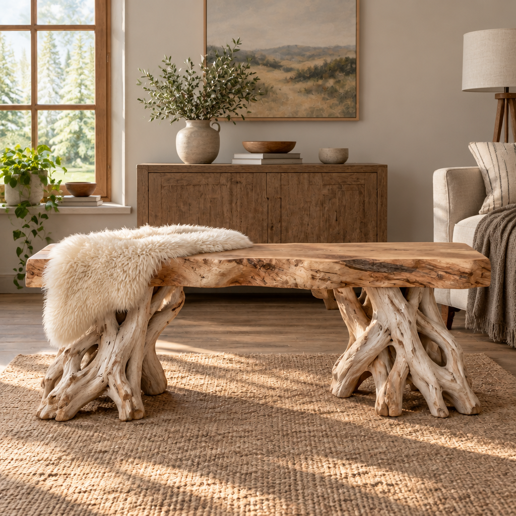 Tidewood Driftwood Entry Bench in a living room