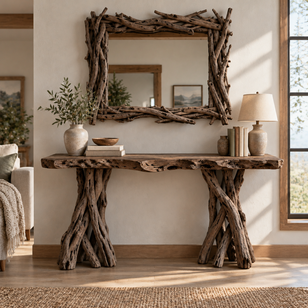 Tidewood Driftwood Console and Mirror Set in Smoked Dark finish