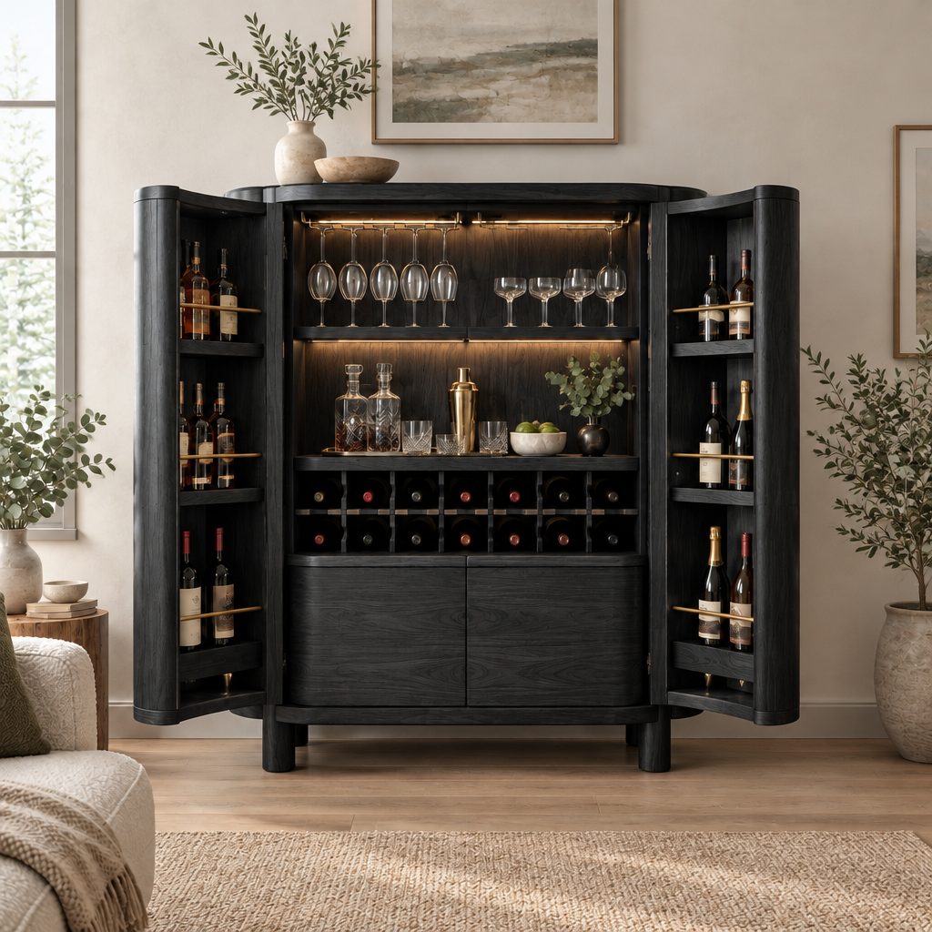 Sora Curved Bar Cabinet in Ebonized Black finish