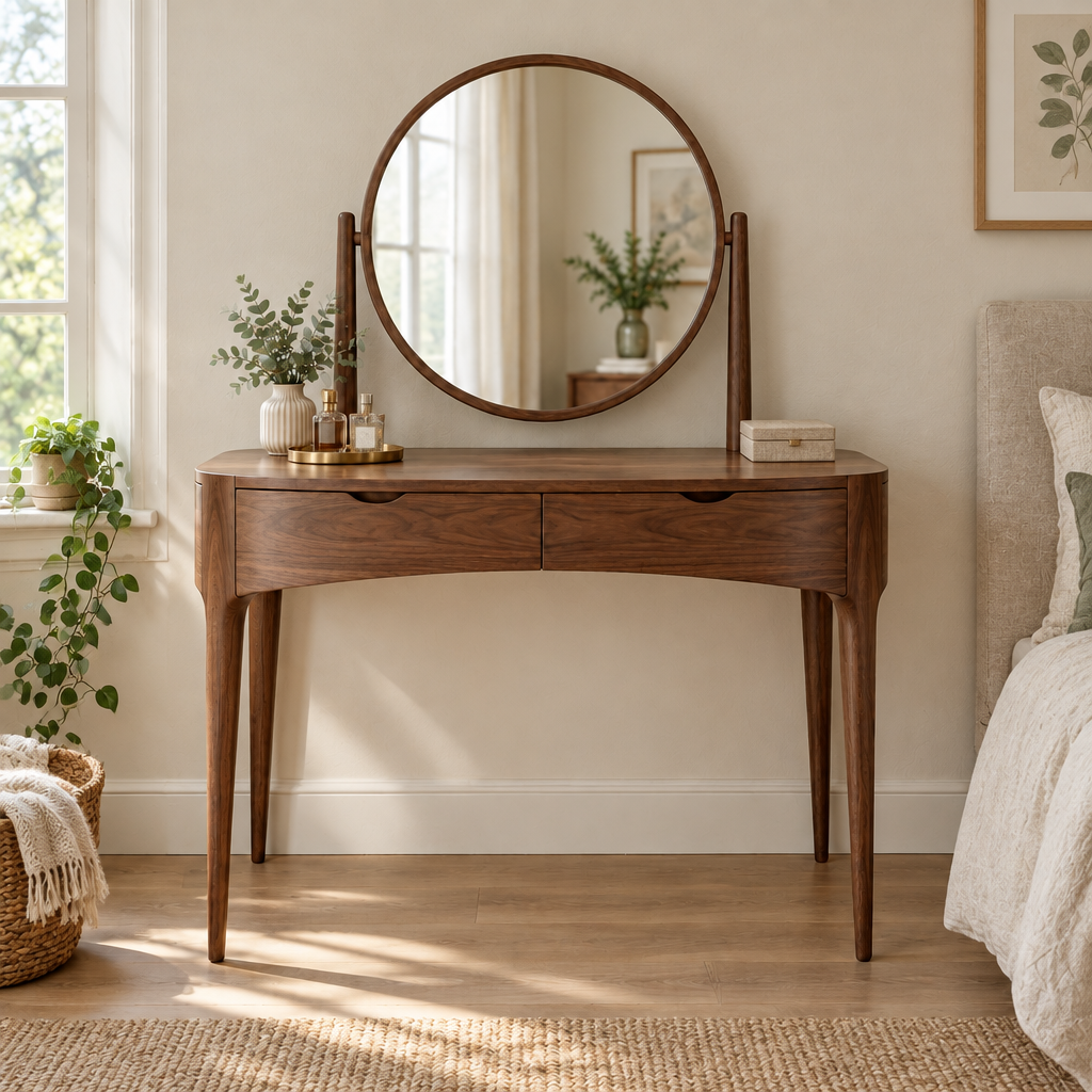 Sora Curved Dressing Table in a living room