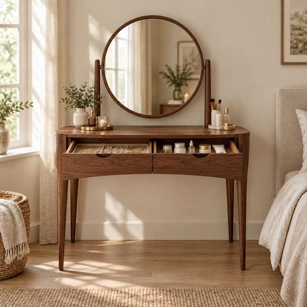 Sora Curved Dressing Table in use