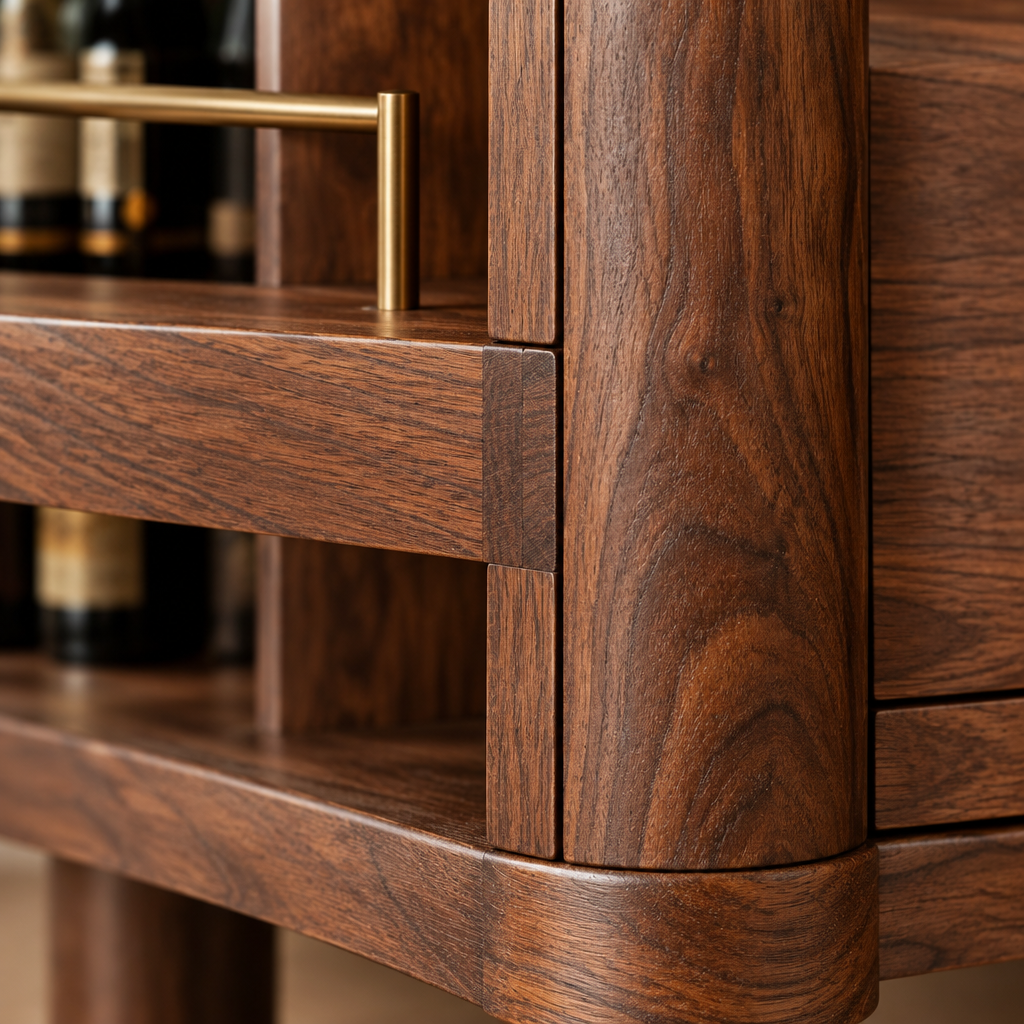 Sora Curved Bar Cabinet wood grain and joinery close-up