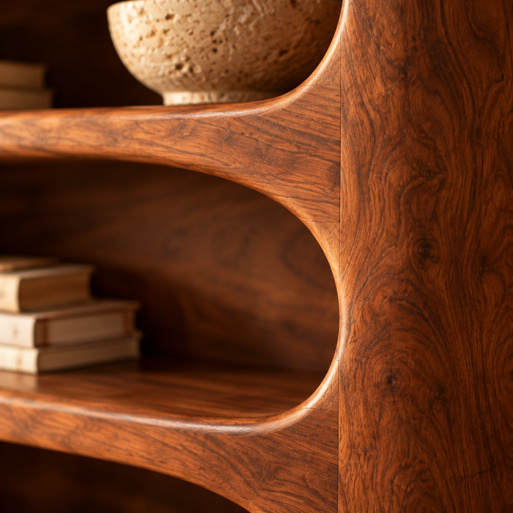 Mojave Sculpted Arch Bookshelf wood grain and joinery close-up