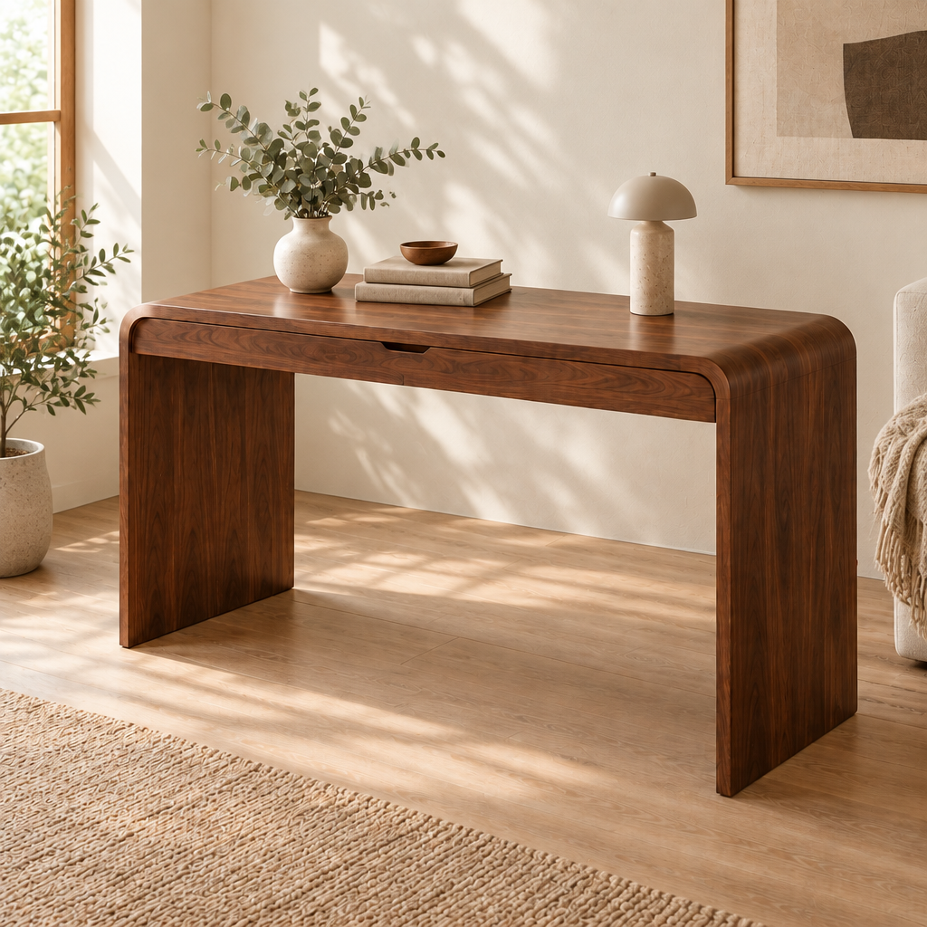Sora Curved Writing Desk in a living room