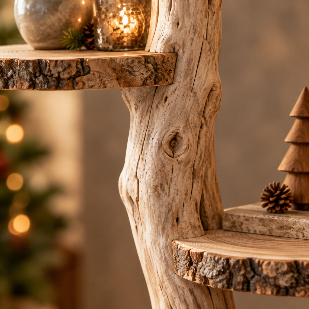 Tidewood Branch Floor Lamp with Shelves wood grain and joinery close-up