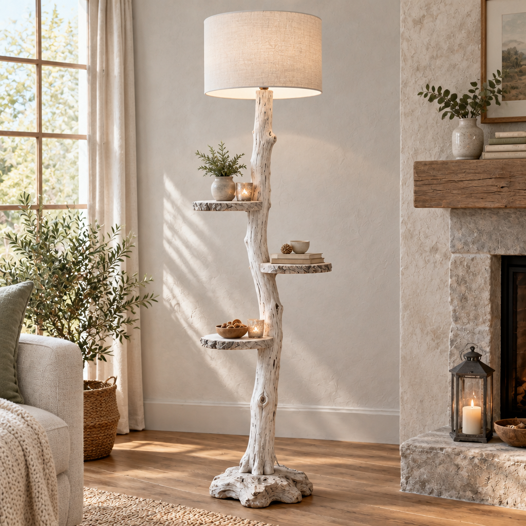 Tidewood Branch Floor Lamp with Shelves in Whitewashed finish
