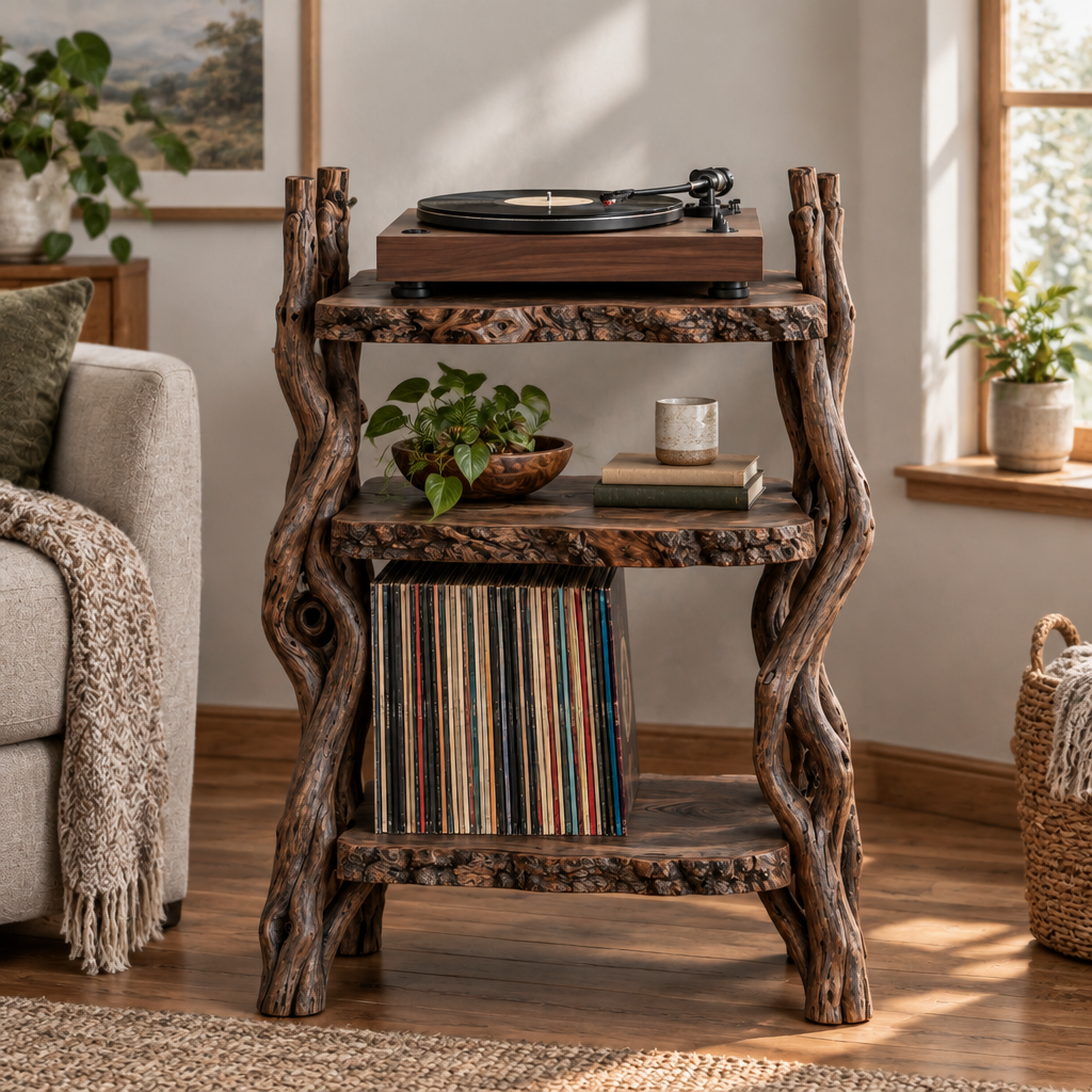 Tidewood Driftwood Record Stand in Smoked Dark finish