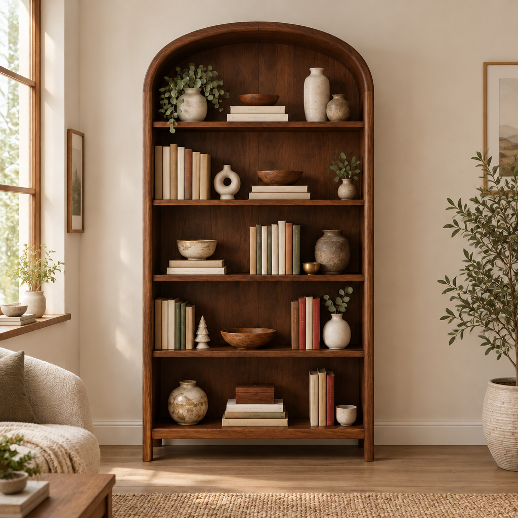 Sora Arched Bookcase in a living room