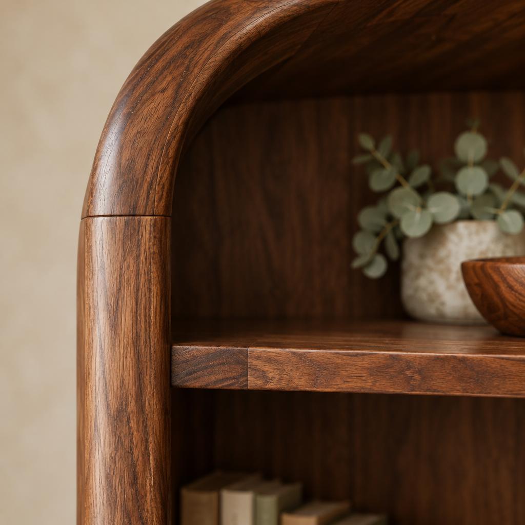 Sora Arched Bookcase wood grain and joinery close-up