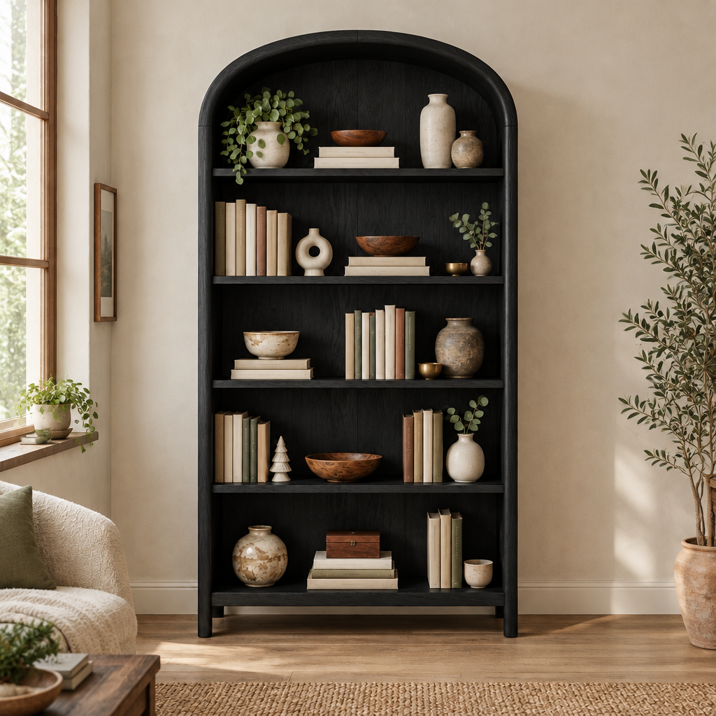 Sora Arched Bookcase in Ebonized Black finish