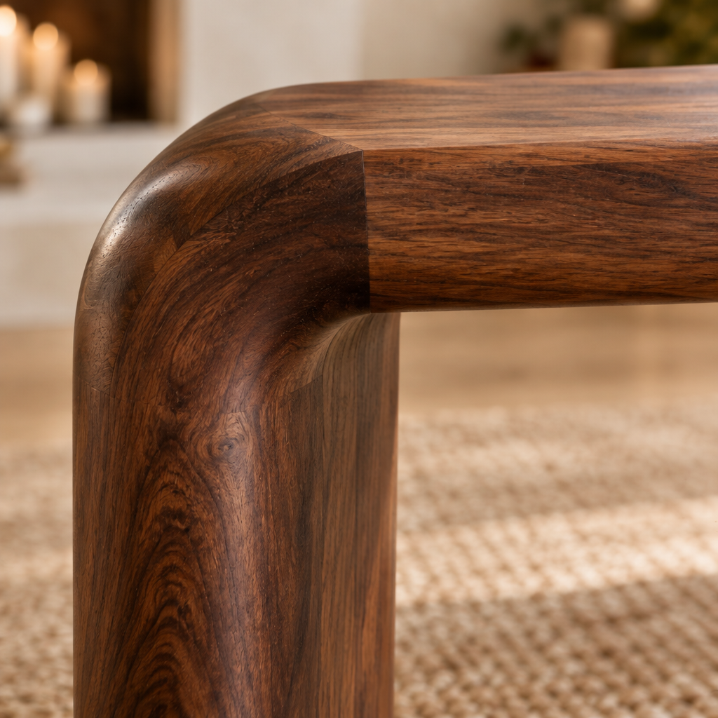 Sora Curved Bench wood grain and joinery close-up