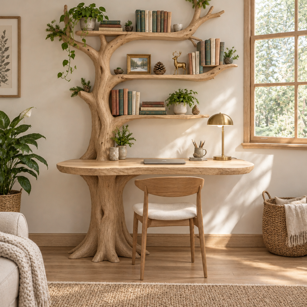 Rowan Tree Desk with Bookshelf in Natural Oak finish