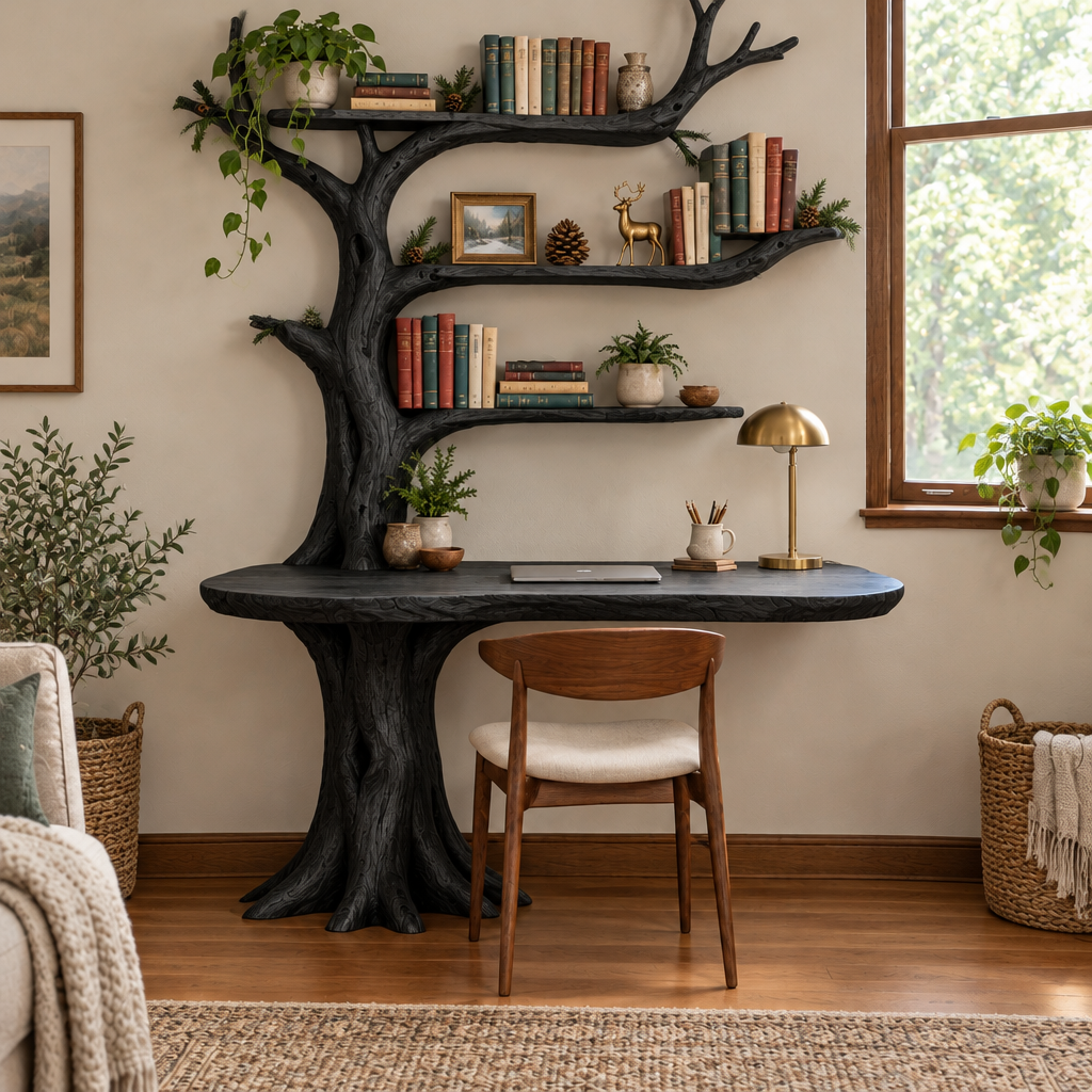 Rowan Tree Desk with Bookshelf in Ebonized Black finish