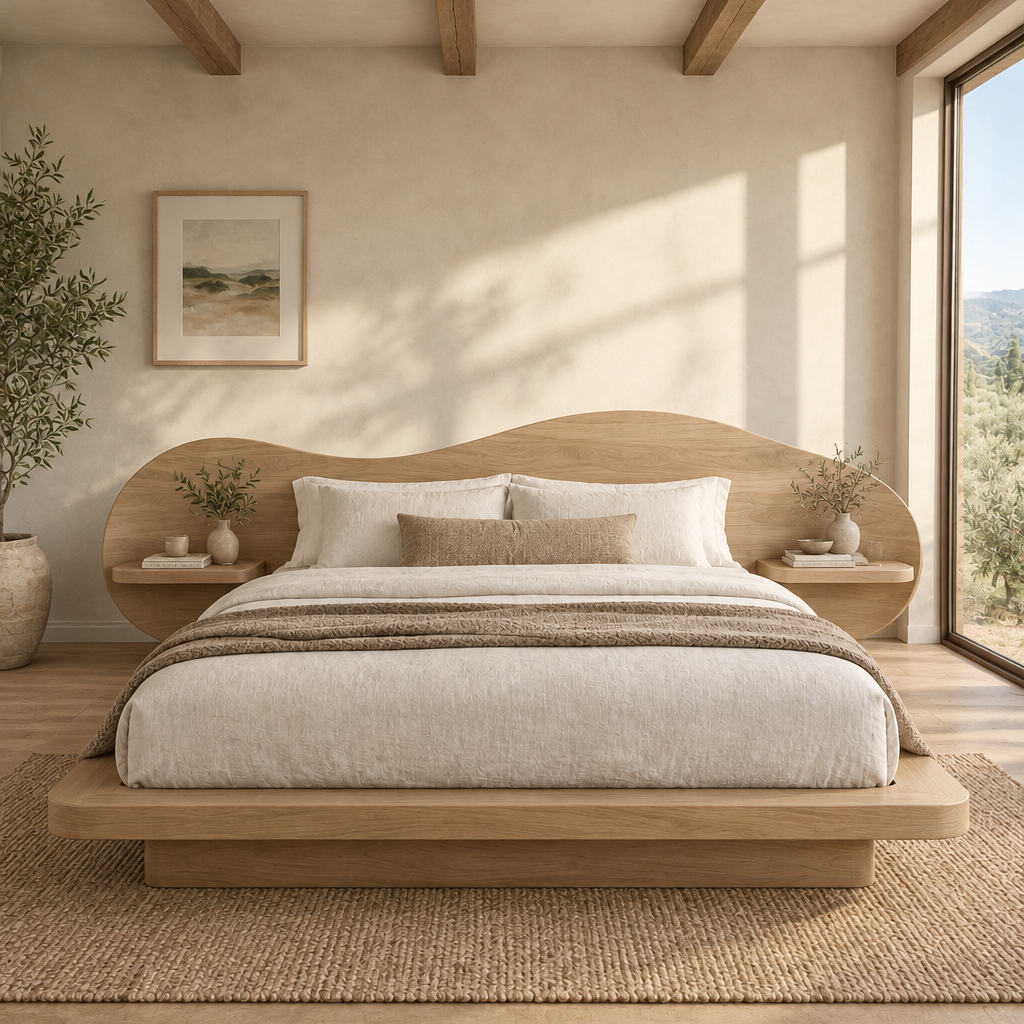 Mojave Wave Bed with Sculpted Headboard in Natural Oak finish