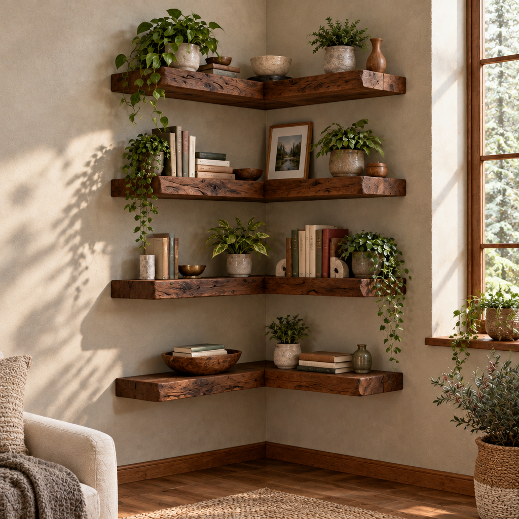 Tidewood Live-Edge Corner Shelf Set in Dark Walnut Stain finish