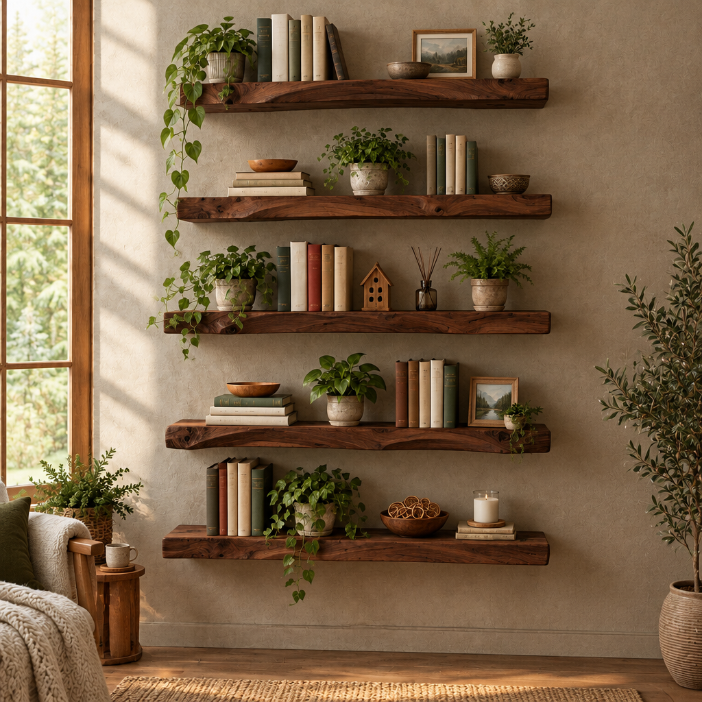 Tidewood Live-Edge Floating Shelf Wall Set in Dark Walnut Stain finish