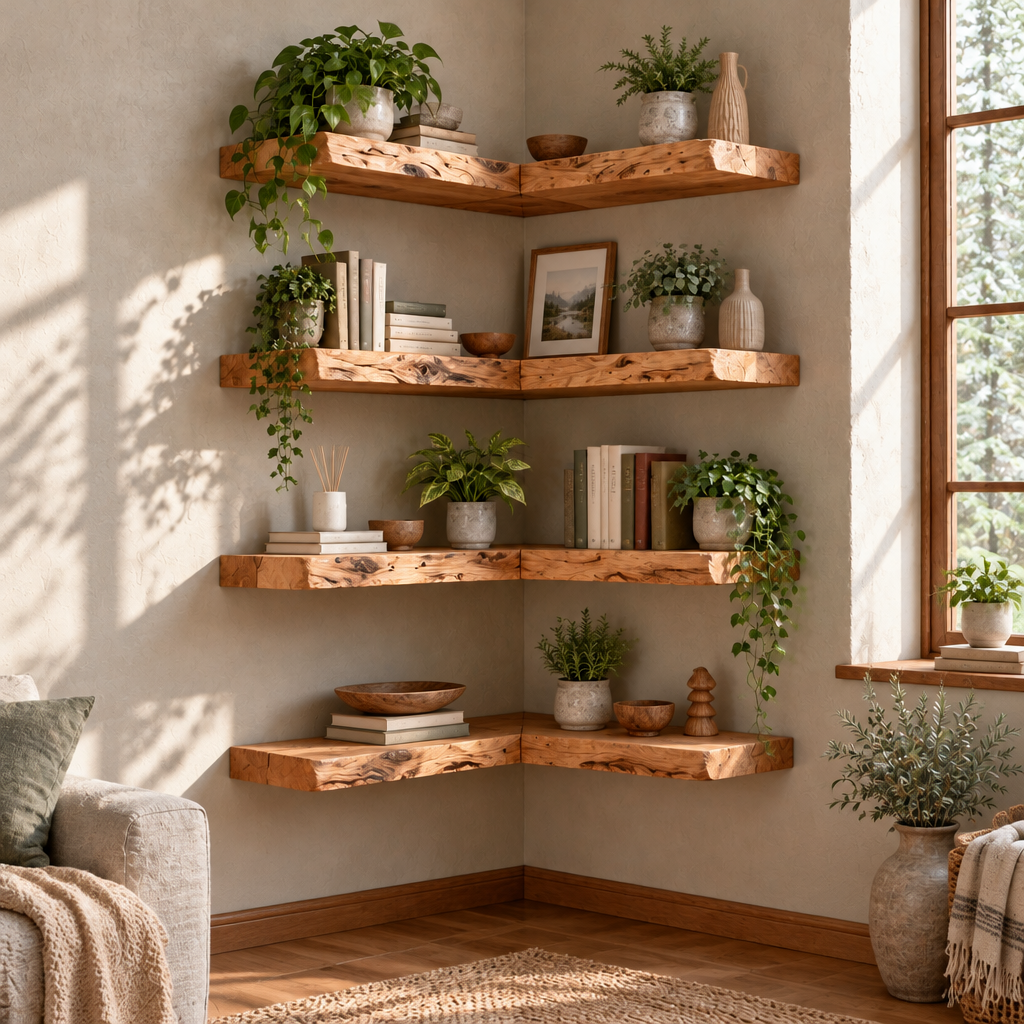 Tidewood Live-Edge Corner Shelf Set in a living room