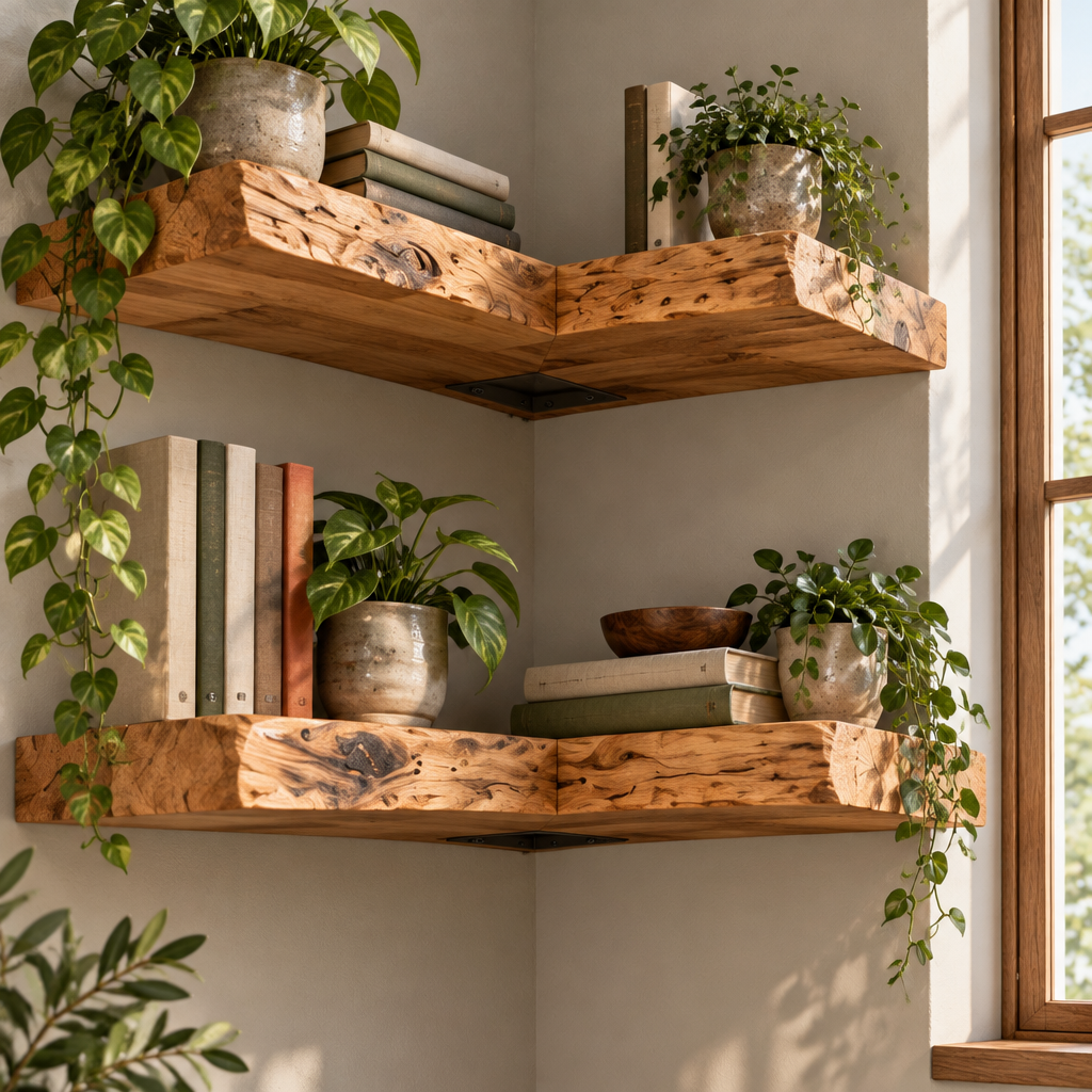 Tidewood Live-Edge Corner Shelf Set in use