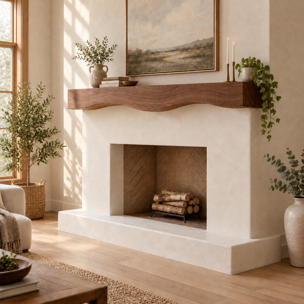 Mesa Carved Fireplace Mantel in a living room