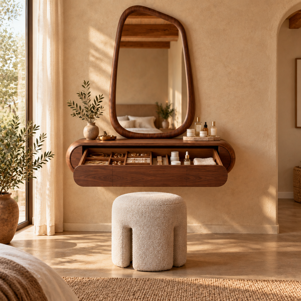 Mojave Sculpted Dressing Table with Mirror in use