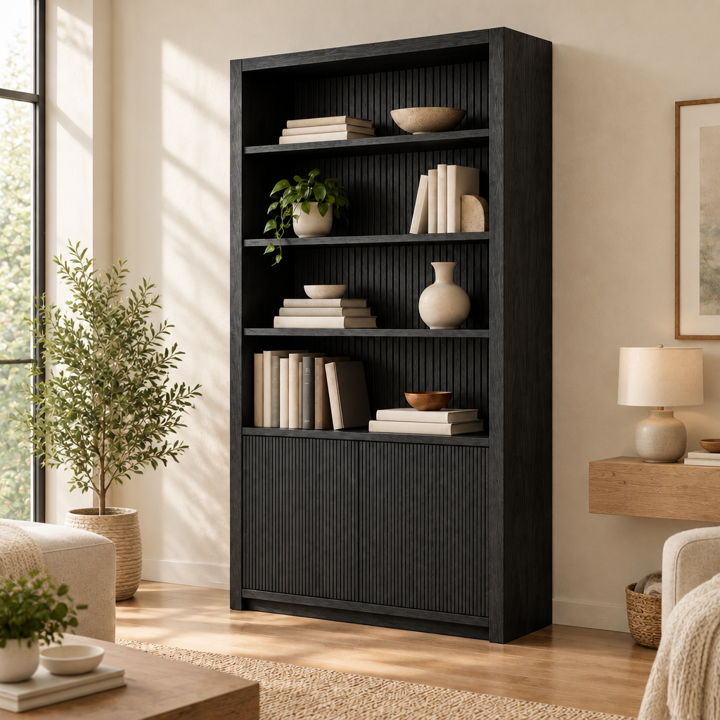 Halden Slatted Wall Bookcase in Ebonized Black finish