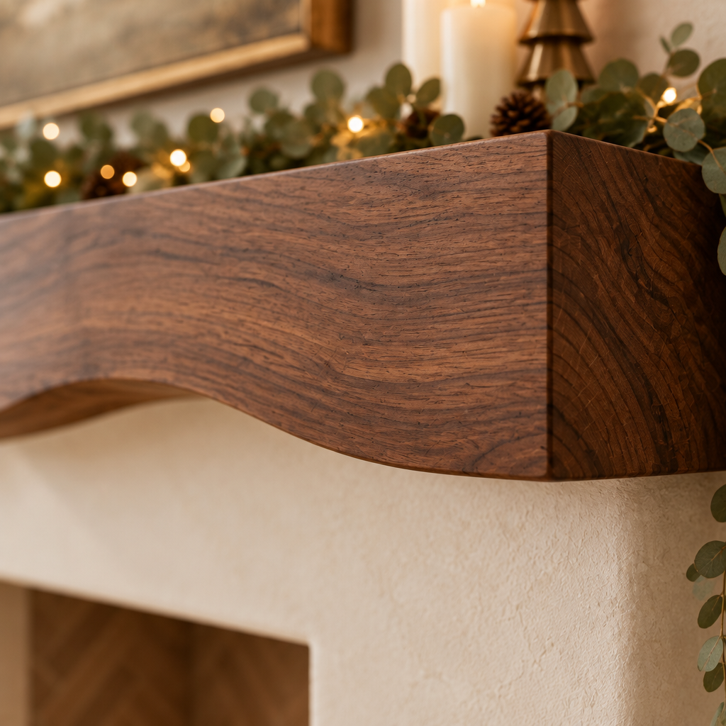 Mesa Carved Fireplace Mantel wood grain and joinery close-up