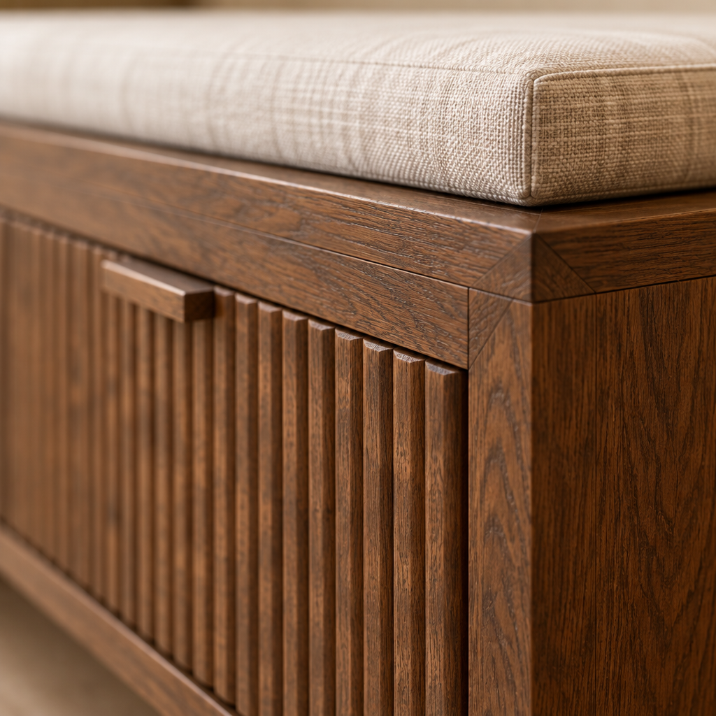 Halden Storage Entry Bench wood grain and joinery close-up