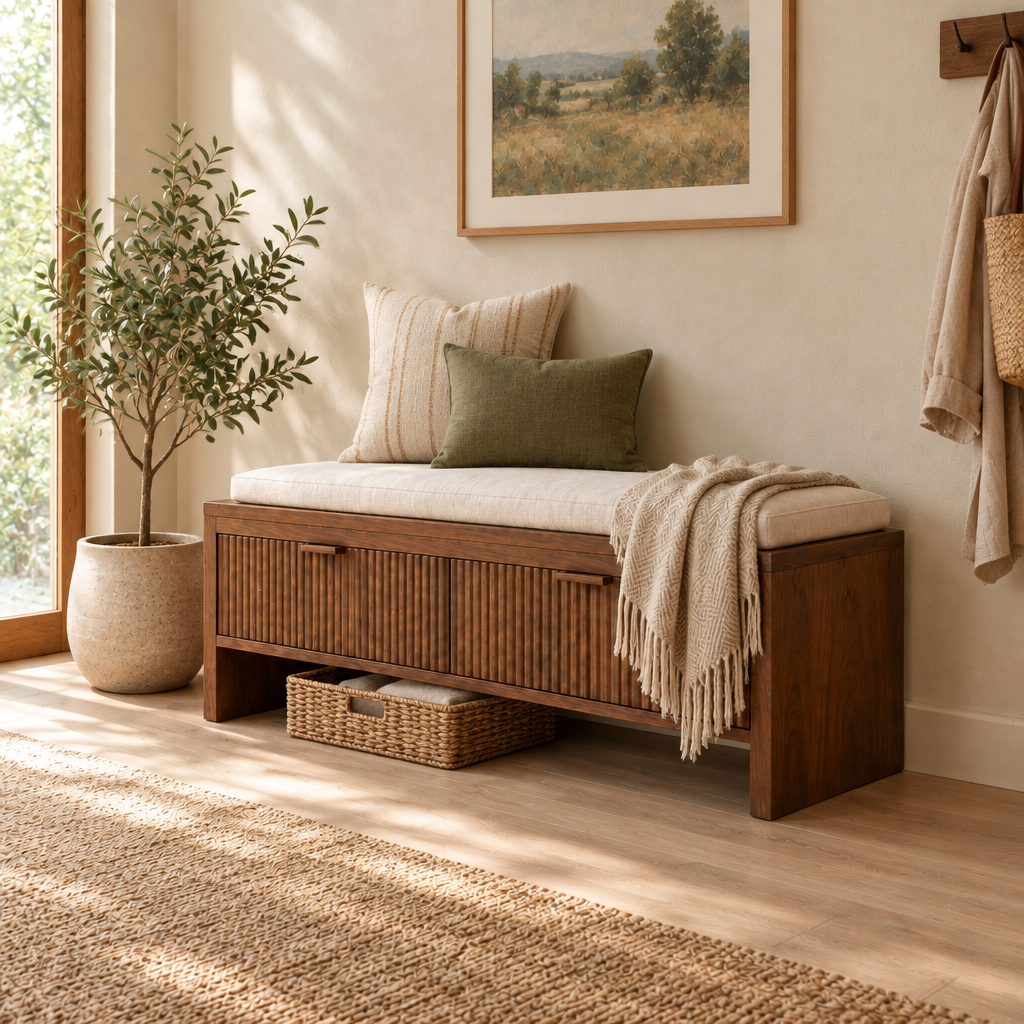 Halden Storage Entry Bench in use