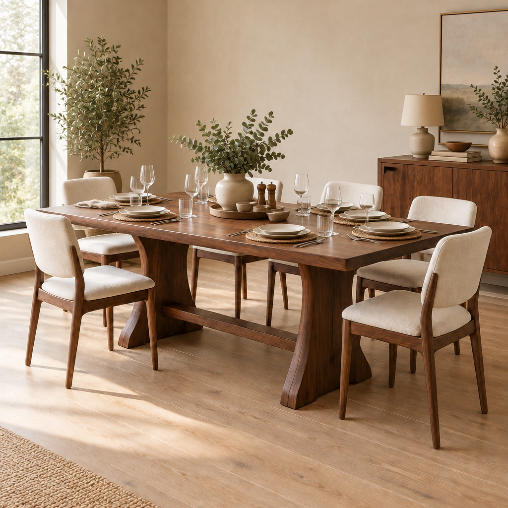 Sora Pedestal Dining Table in use