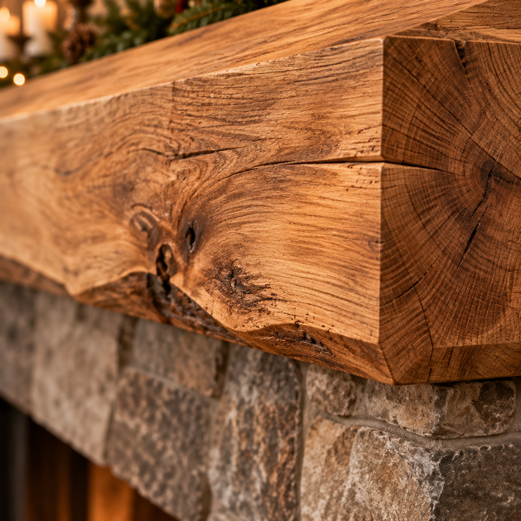 Tidewood Live-Edge Fireplace Mantel wood grain and joinery close-up