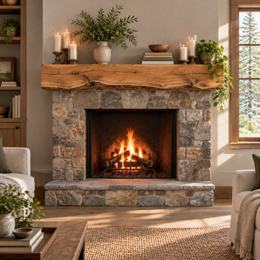 Tidewood Live-Edge Fireplace Mantel in use