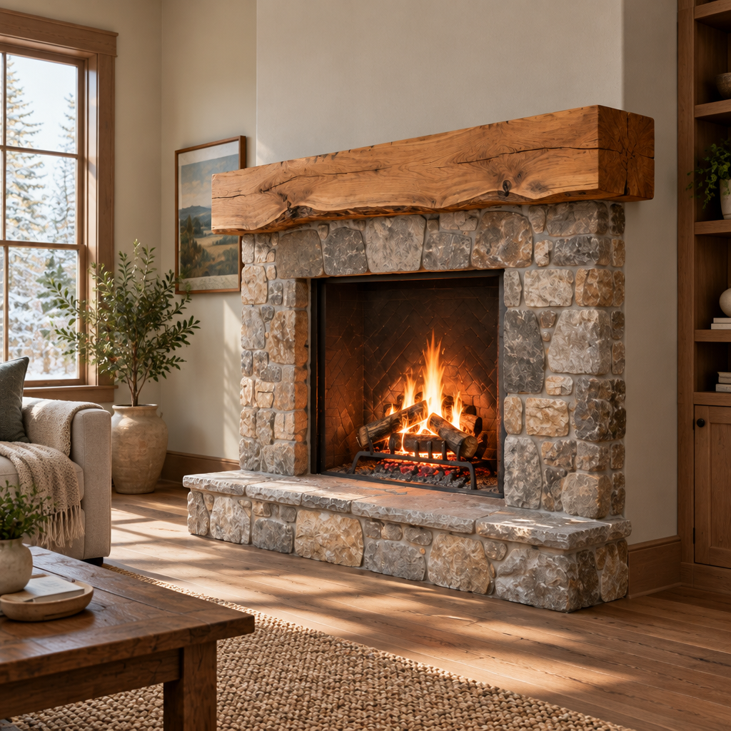 Tidewood Live-Edge Fireplace Mantel side view