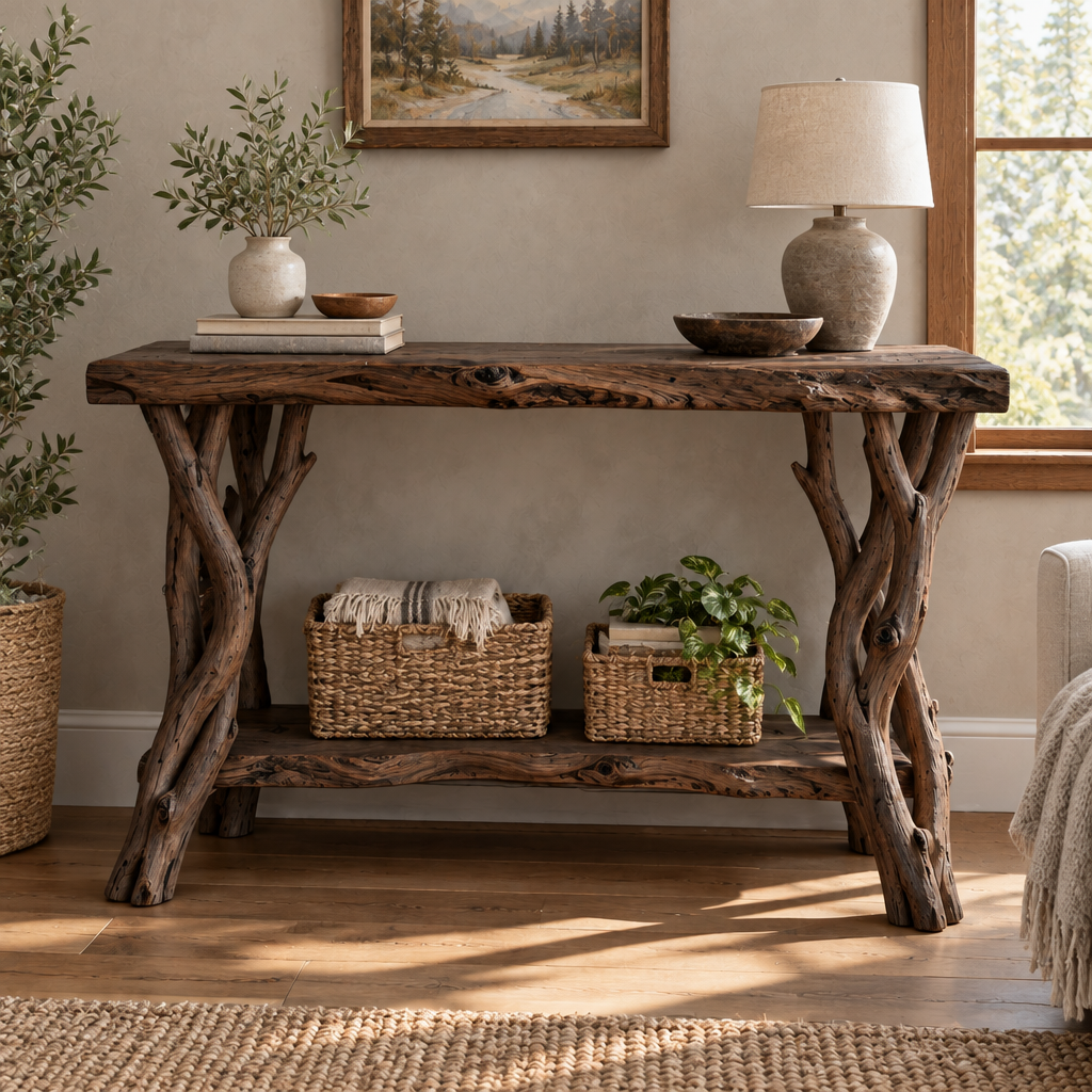 Tidewood Driftwood Leg Console in Smoked Dark finish