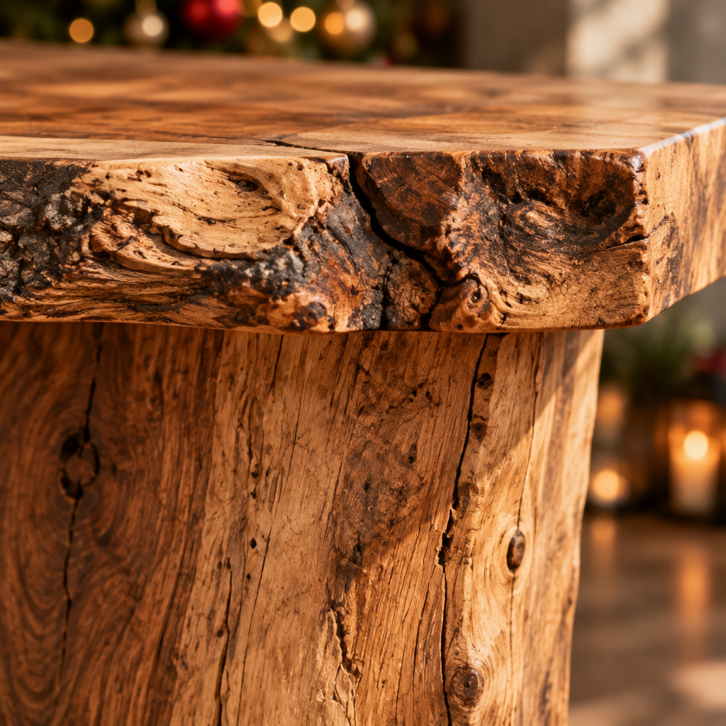 Tidewood Live-Edge Bar Counter with Stump Stools wood grain and joinery close-up