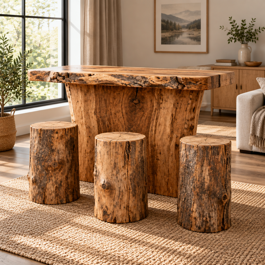 Tidewood Live-Edge Bar Counter with Stump Stools side view