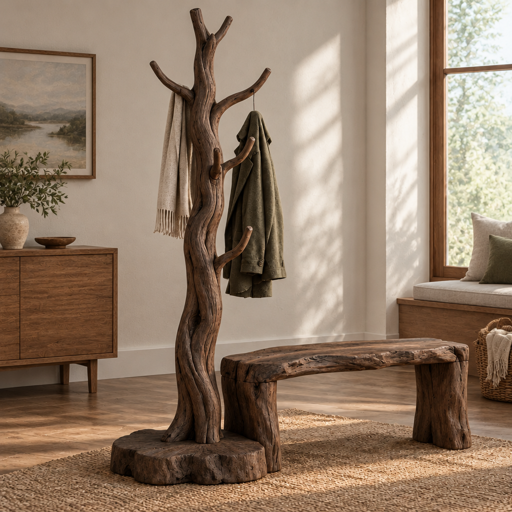 Tidewood Standing Driftwood Coat Tree in Smoked Dark finish