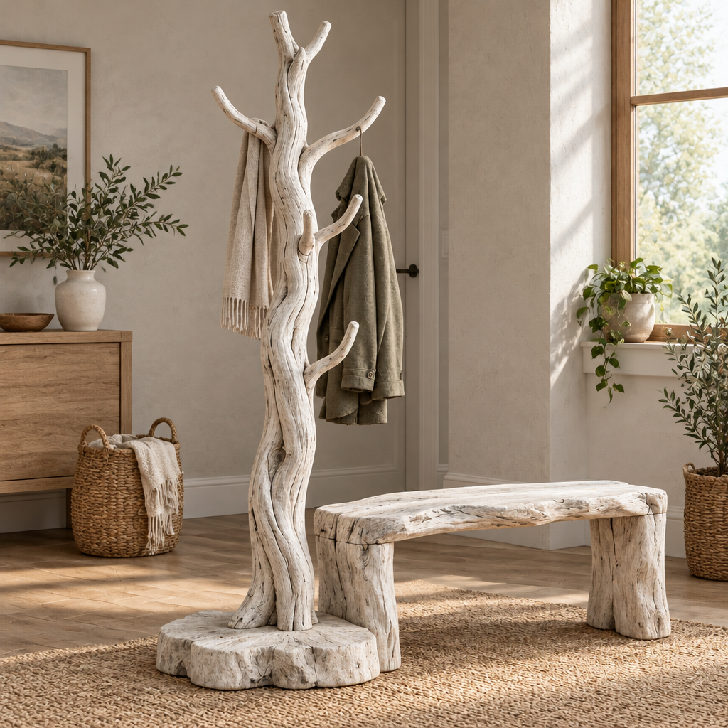 Tidewood Standing Driftwood Coat Tree in Whitewashed finish