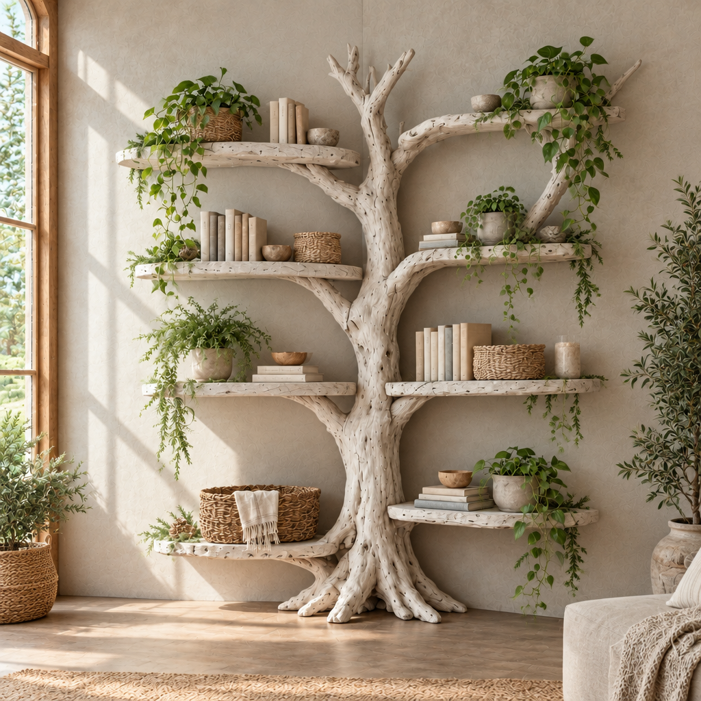 Tidewood Corner Tree Bookshelf in Whitewashed finish