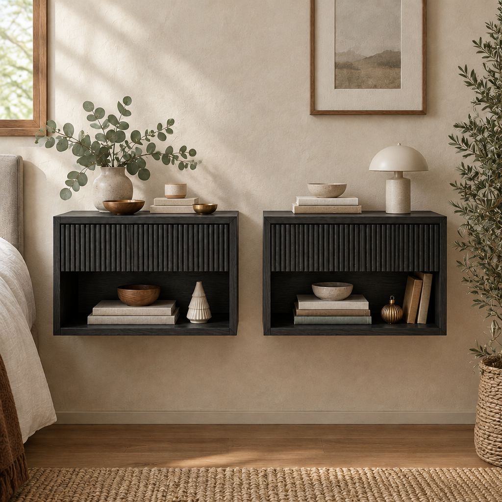 Halden Fluted Nightstands, Set of 2 in Ebonized Black finish