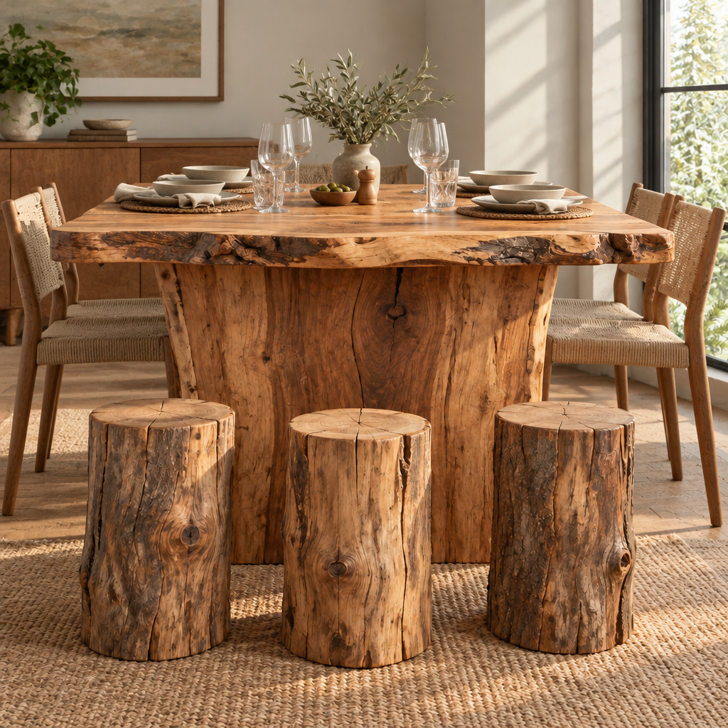 Tidewood Live-Edge Bar Counter with Stump Stools in use