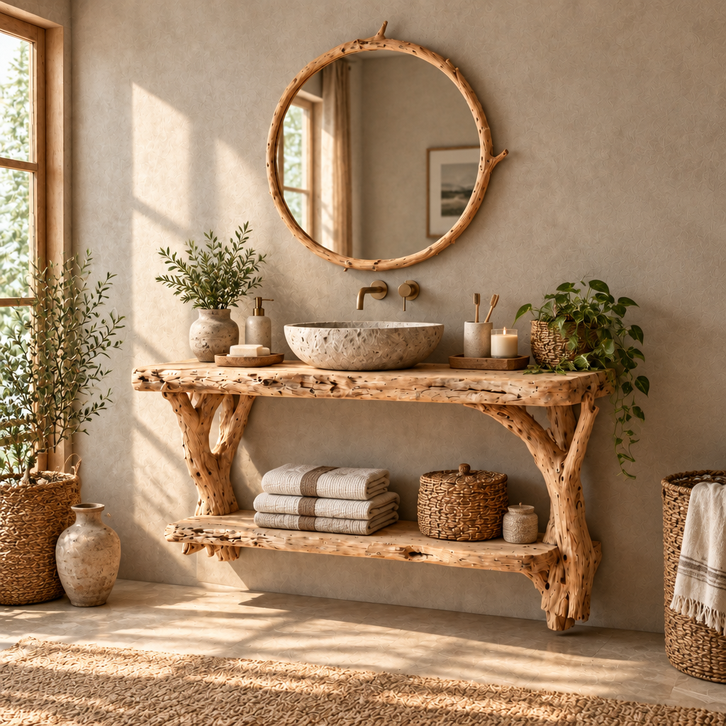 Tidewood Driftwood Floating Vanity in a living room