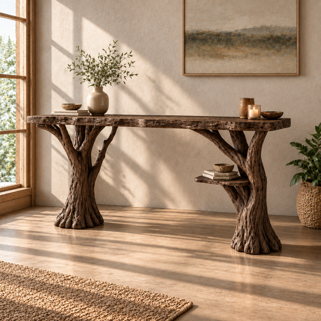Tidewood Slab Desk with Branch Legs in Smoked Dark finish