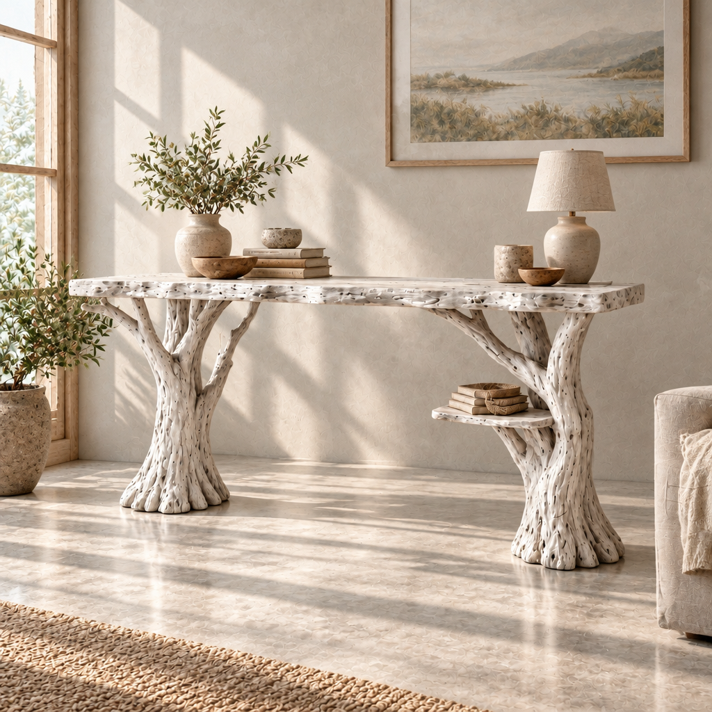 Tidewood Slab Desk with Branch Legs in Whitewashed finish