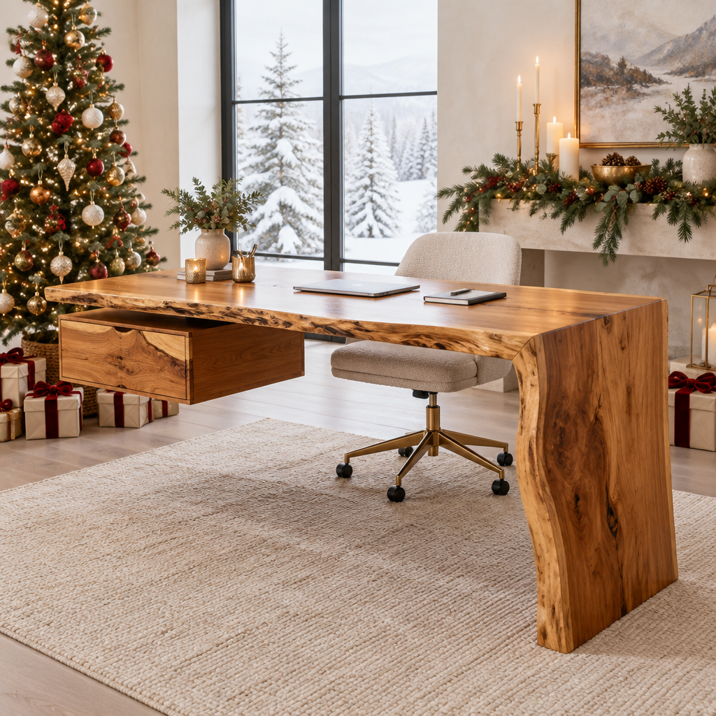 Riverbend Waterfall Live-Edge Desk in a Christmas home