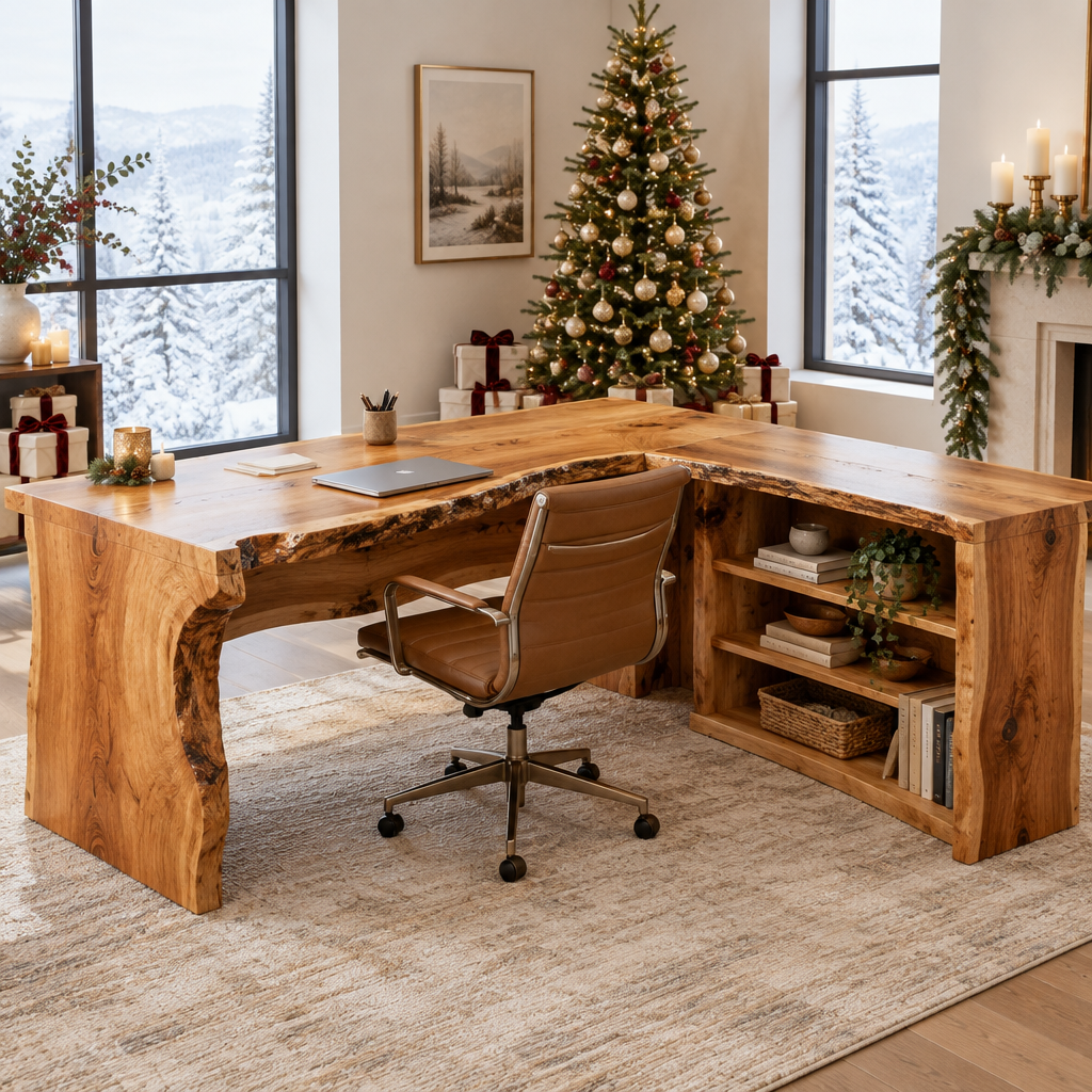 Riverbend Live-Edge L-Desk with Shelves in a Christmas home