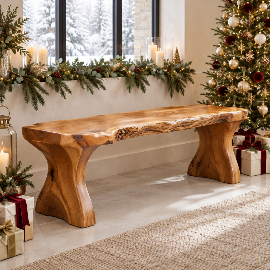 Riverbend Live-Edge Sculpted Bench in a Christmas home