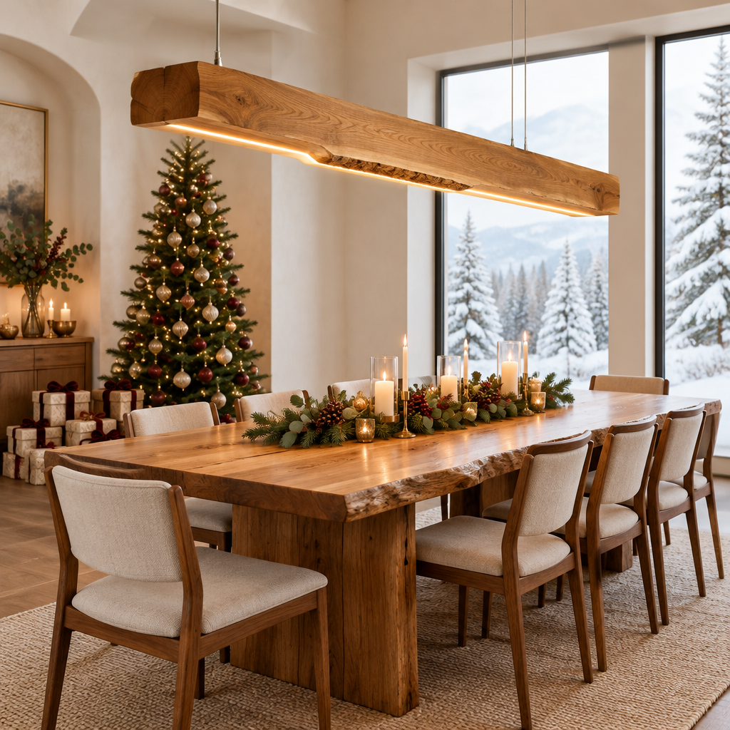 Riverbend Live-Edge Beam Pendant Light in a Christmas home