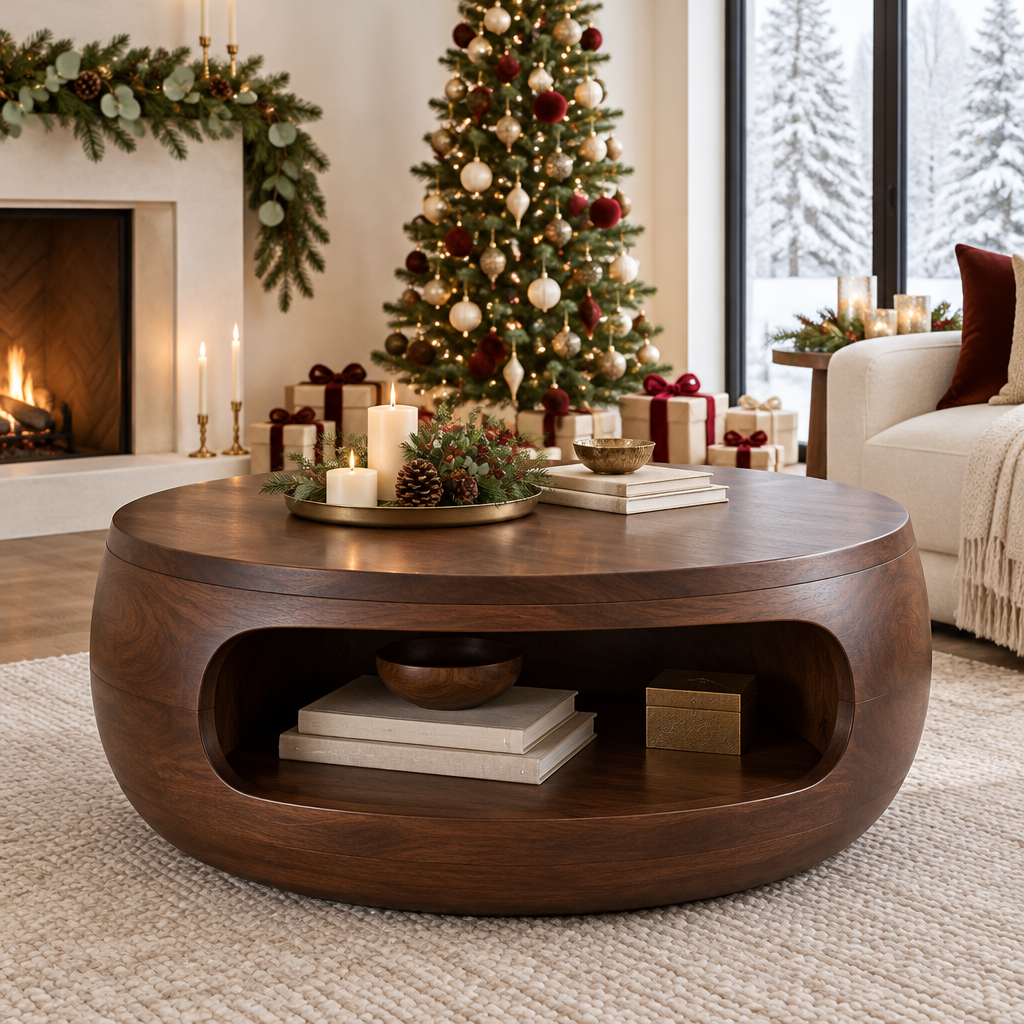 Atelier Drum Round Coffee Table with Shelf in a Christmas home